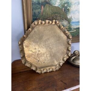 Vintage Chinese Brass Plate Hand Hammered Scalloped Edge Etched With Feet